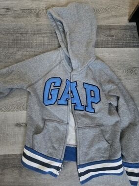 GAP Gray Hoodie with Blue Lettering and Striped Hem